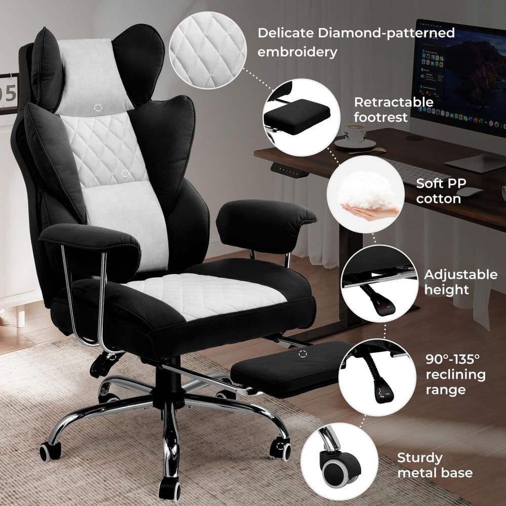 Fabric Gaming Chair with Soft Armrests and Footrest Adjustable Height Ergonomic Office Desk Computer Chair in BlackGray - Thumbnail 2