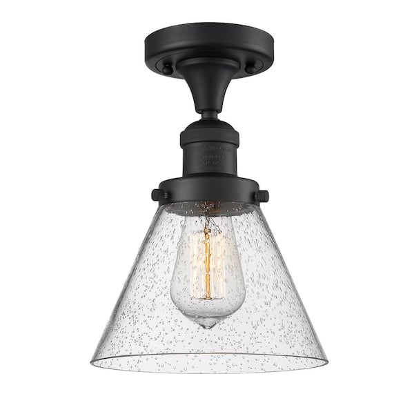 Innovations Cone 7.75 in. 1-Light Matte Black Semi-Flush Mount with Seedy Glass Shade