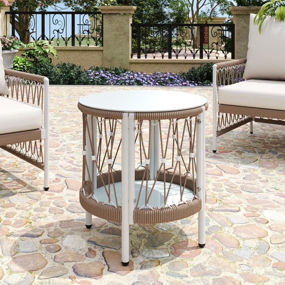 17 in. Boho Outdoor Side Table, Round Patio Table with Woven Rope and Tempered Glass Top, Beige and Natural price history on PriceWatchPro