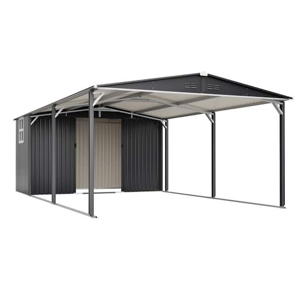 Gray 12 ft. W x 23 ft. D Metal Shed with Sliding Door, UV Panel & Waterproof Sloped Roof, Reinforced Structure for Car