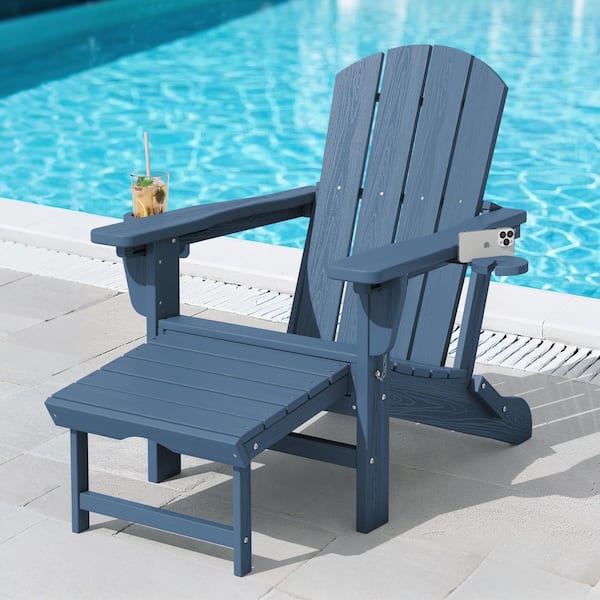JEAREY 3-Level Adjustable Patio Folding Plastic Adirondack Chair with Retractable Ottoman, Cup and Phone Holders in Navy