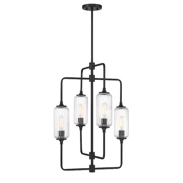 Holton 4-Light Matte Black Industrial Contemporary Chandelier with Clear Ribbed Glass Shades