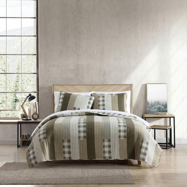 Eddie Bauer Fairview 3-Piece Beige Plaid Cotton King Quilt Set