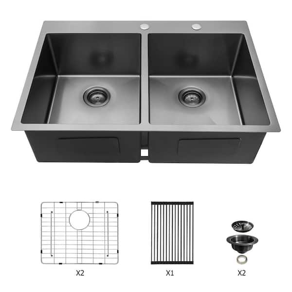 33 in Drop in Double Bowl 16 Gauge Gunmetal Black Stainless Steel Kitchen Sink with Two 10 in Deep Basin