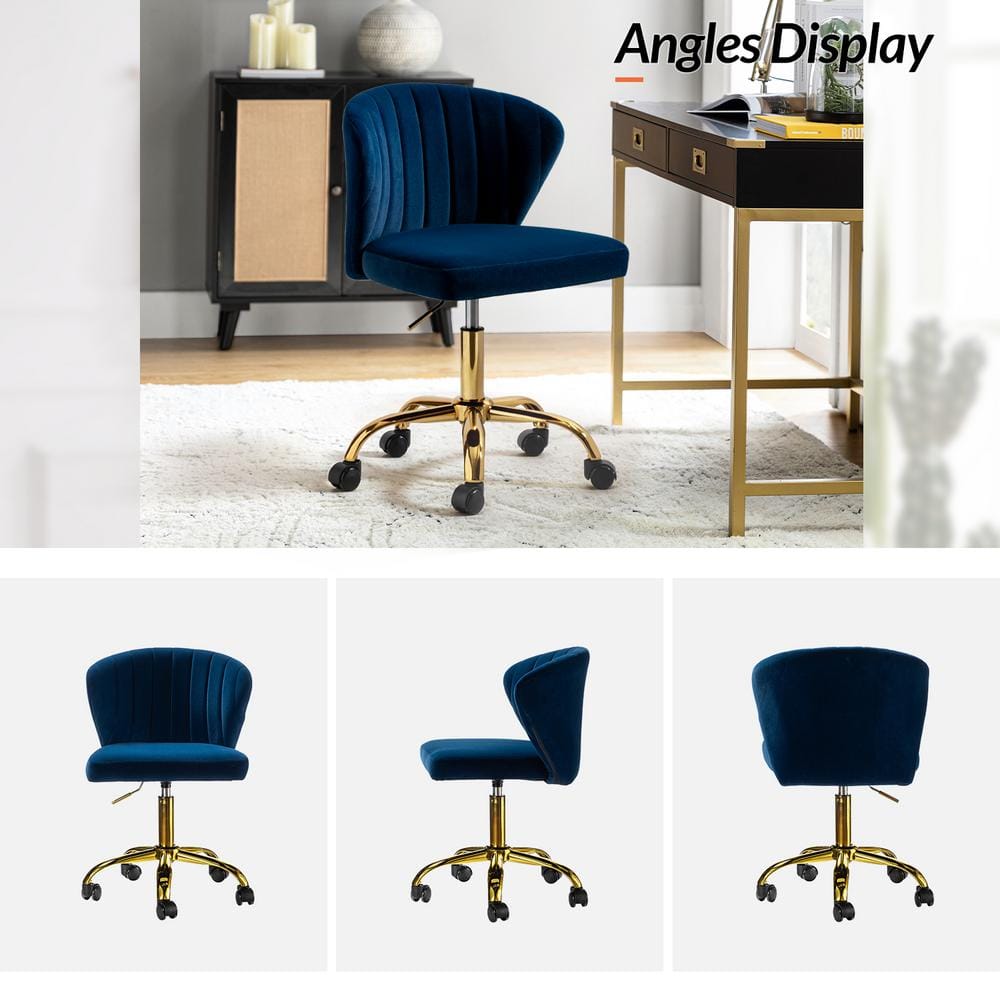 Ergonomic Navy Velvet Armless Task Chair with Gold Metal Base