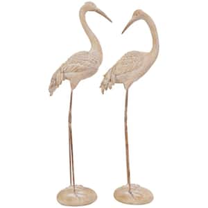 Cream Polystone Tall Carved Crane Bird Sculpture with Long Legs Set of 2