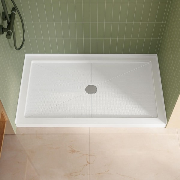 54 in. L x 32 in. W Acrylic Single Threshold Alcove Shower Pan Base in White with Center Drain, 2.5 in. Low Threshold