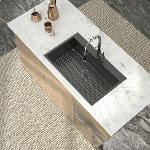 28 in. Gunmetal Black Drop in Sink Single Bowl 18-Gauge Stainless Steel 9 in. Deep Kitchen Sink with Bottom Grid