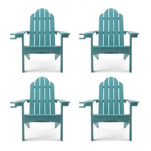Miranda Folding Recycled Plastic Outdoor Patio Adirondack Chair with Cup Holder for Firepit/Pool-Lake Blue (Set of 4)