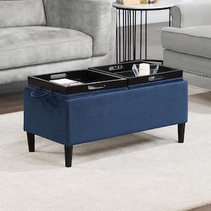 Designs4Comfort Magnolia Dark Blue Corduroy Storage Ottoman with Reversible Trays