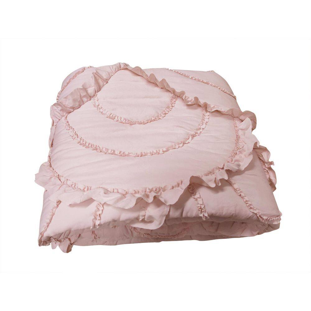 Blush Pink King Microfiber Scallop Ruffle Quilt Set