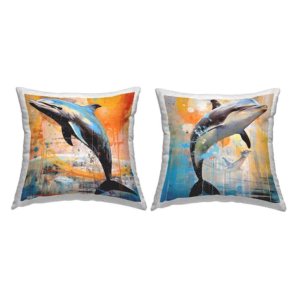 Stupell Industries Modern Dolphins Splash Blue Square Outdoor Throw Pillow 2-Pack