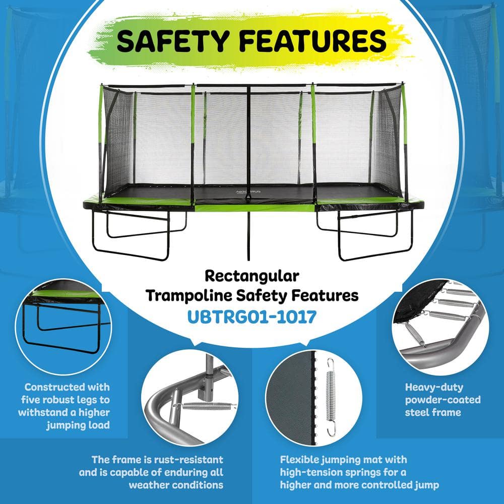 Mega 10' x 17' Black and Green Rectangular Trampoline with Enclosure