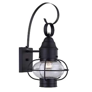 1-Light Matte Black Hardwired Outdoor Wall Lantern Sconce with Clear seeded glass
