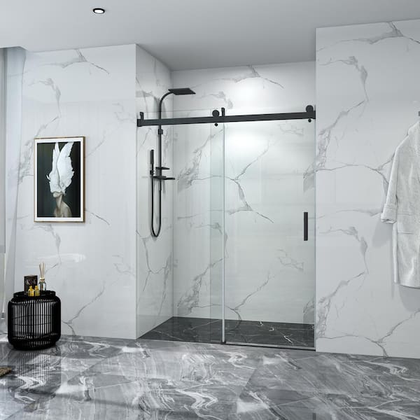 Moray 72 in. W x 76 in. H Sliding Frameless Shower Door in Matte Black  Finish with Clear Glass