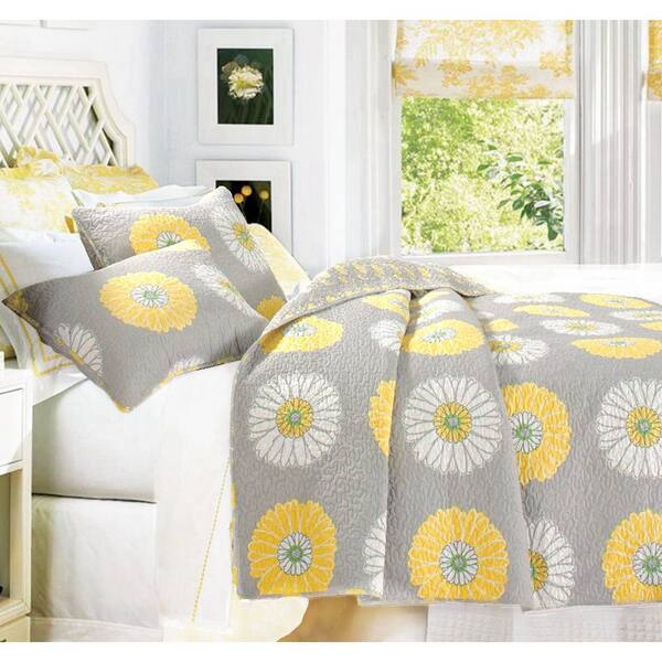 Cozy Line Home Fashions Chamomile Daisy, Yellow And Gray Bedding Queen