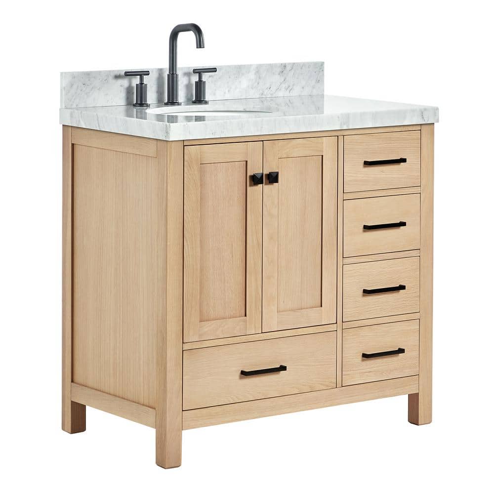Oak Freestanding Vanity with Carrara Marble Top and Black Hardware
