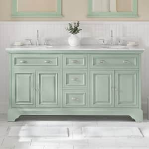 Sadie 67 in. W x 22 in. D x 35 in. H Double Sink Freestanding Vanity in Light Cyan w/ Lightly Veined White Marble Top