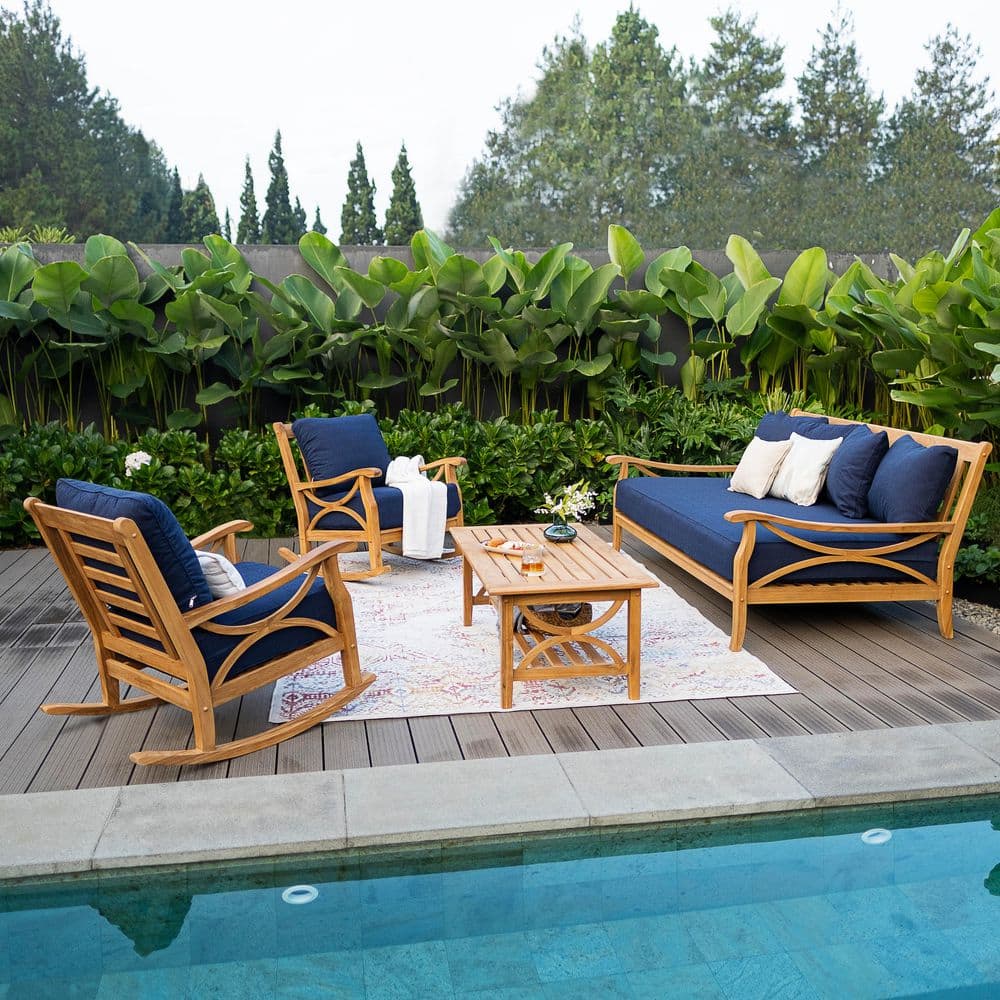 Kinsley 4-Piece Premium Indonesia Teak Wood Outdoor Conversation Set with Navy Cushion