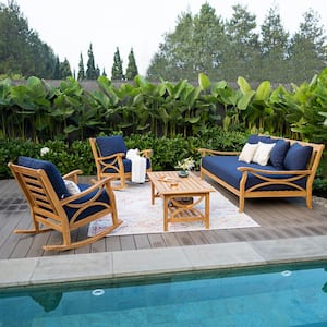 Kinsley 4-Piece Premium Indonesia Teak Wood Outdoor Conversation Set with Navy Cushion