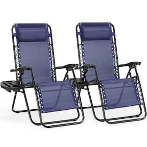 Blue Folding Zero Gravity Metal Steel Outdoor Patio Sling Chaise Lounge Chair with Headrest (Set of 2)