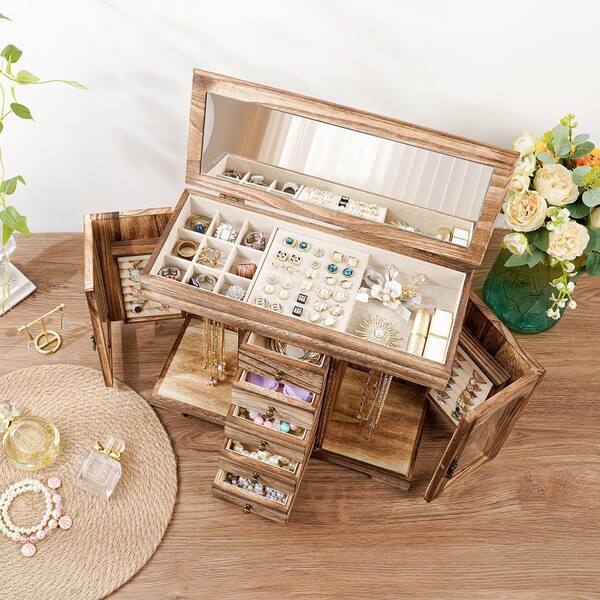 Jewelry Box 5 Layer Brown Wood Mirror Jewelry Box LX0923 - The