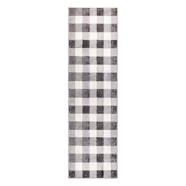 World Rug Gallery Plaid Check Farmhouse Gray 2 ft. x 7 ft. Runner Rug