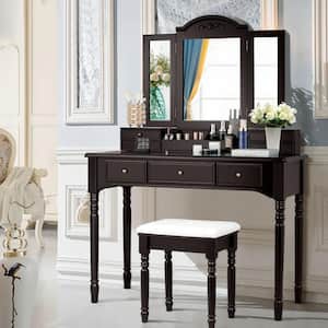 Details about   Tri-Folding Mirrors Vanity Set 7 Drawers Dressing Table Makeup Desk &Stool Black 