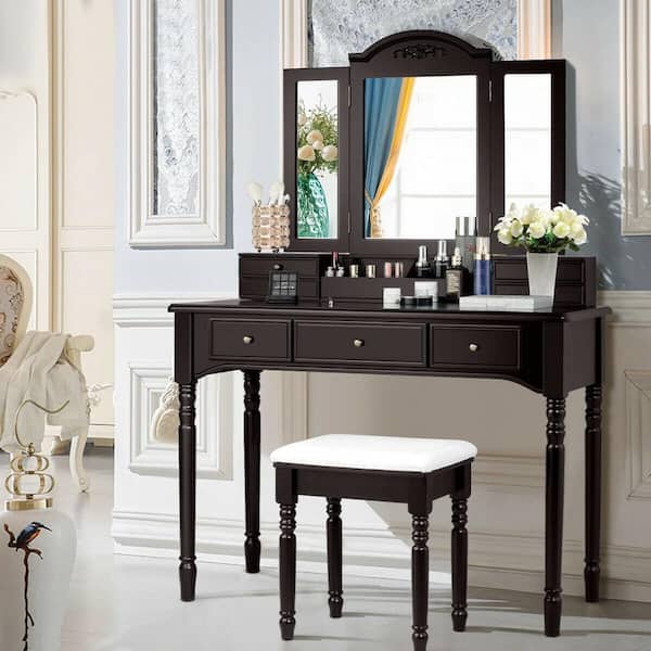 Vanity Set Makeup Table with 7-Drawers Tri-Folding Mirror Brown