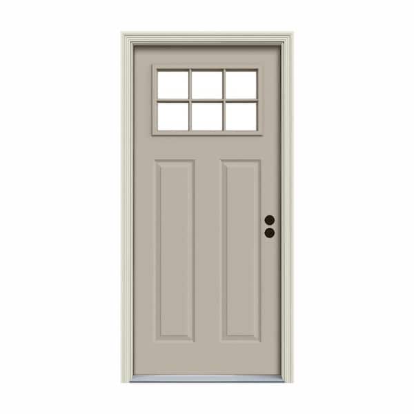 JELD-WEN 30 in. x 80 in. 6 Lite Craftsman Desert Sand Painted Steel Prehung Left-Hand Inswing Front Door w/Brickmould