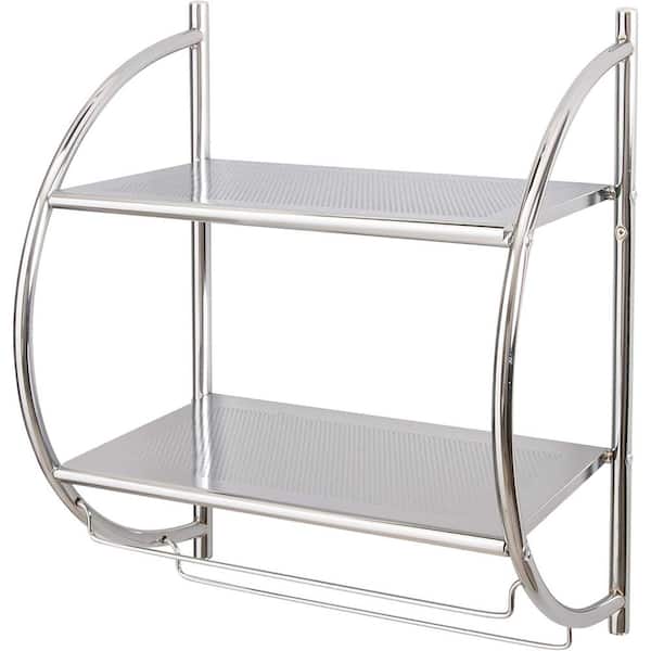 17.75 in. W x 10.5 in. D Decorative Wall Shelf, Silver Wall Mount 2-Tier Chrome Bathroom Shelf with Towel Bars