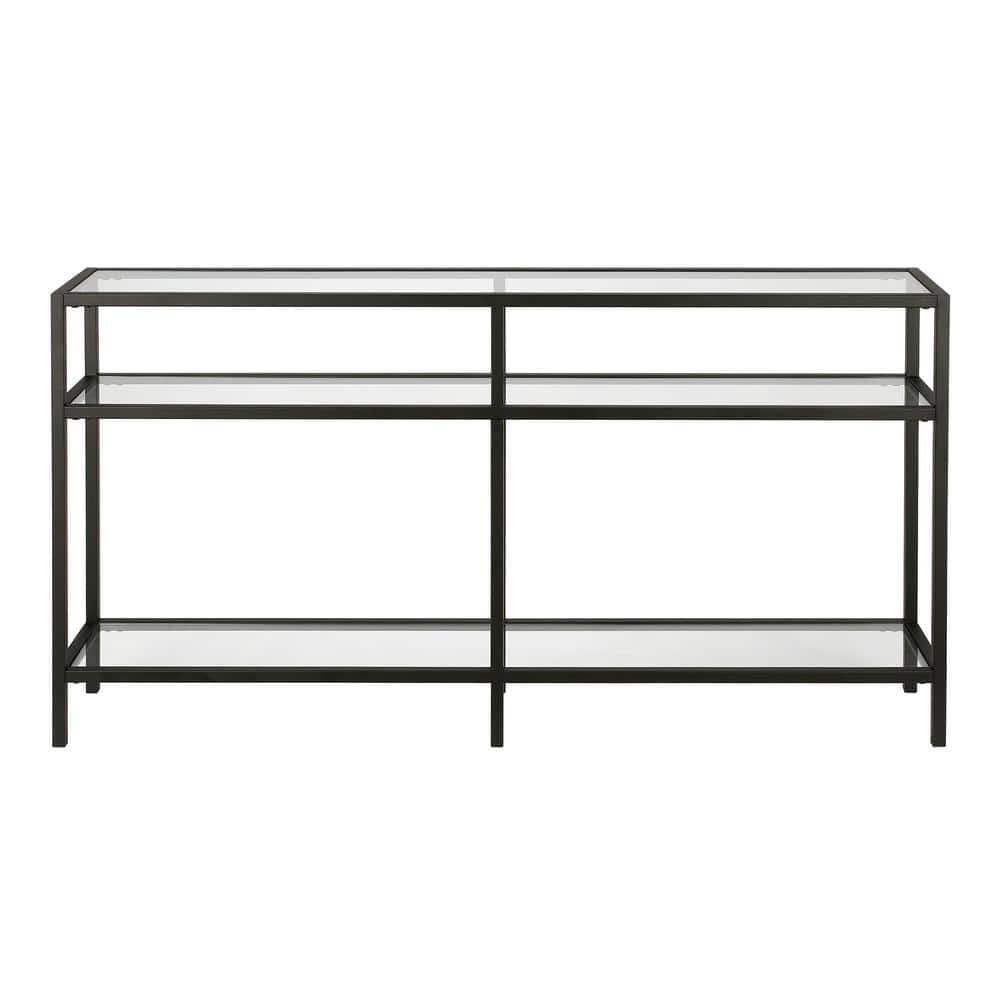 Sivil 55" Blackened Bronze and Black Metal Console Table with Glass Top