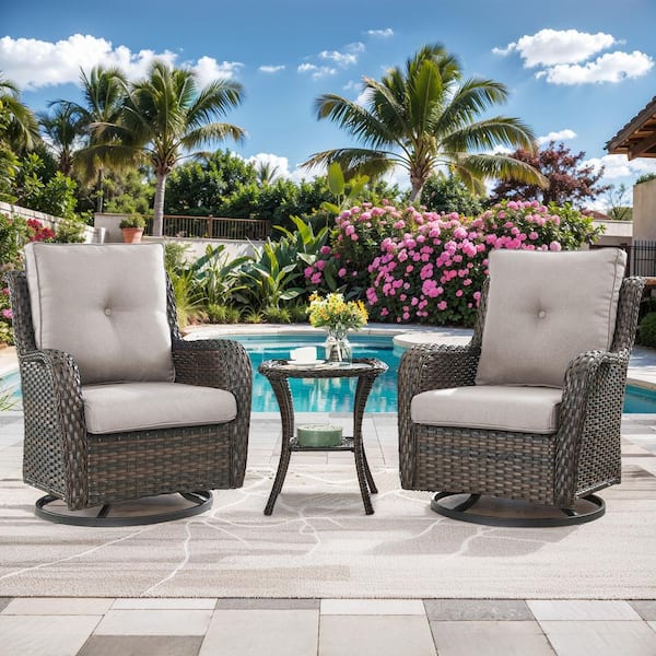 moosprr 3-Piece Patio Brown Wicker Outdoor Chat Sets with Beige Olefin Cushions and Matching Side Table