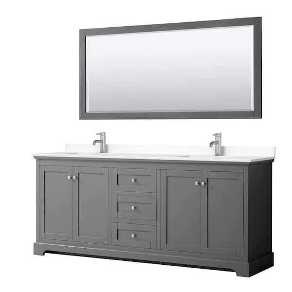 Wyndham Collection Avery 80 in. W x 22 in. D x 35 in. H Double Bath Vanity in Dark Gray with White Quartz Top and 70 in. Mirror