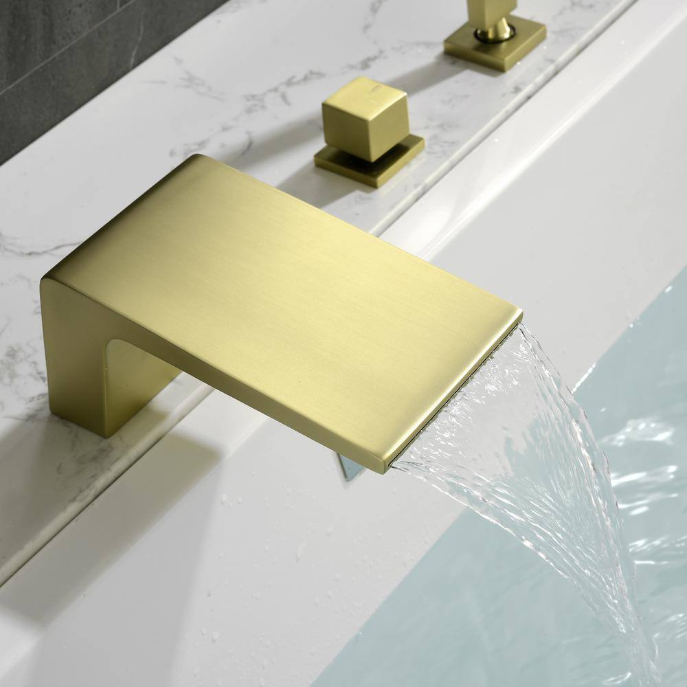 Brushed Gold Single-Handle Waterfall Tub Faucet with Hand Shower