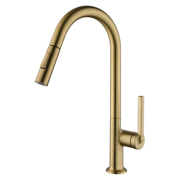 Flynama Single Handle Pull Out Sprayer Kitchen Faucet Deckplate Not Included in Brushed Gold