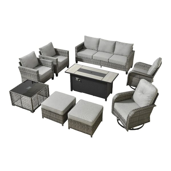Scarlet 10-Piece Wicker Outdoor Fire Pit Patio Conversation Sofa Set with Swivel Chairs, a Table and Dark Grey Cushions