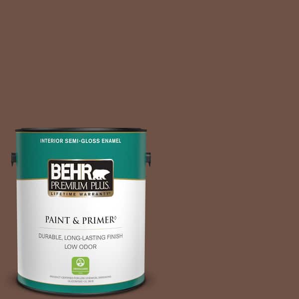 BEHR PREMIUM PLUS 1 gal. #PMD-108 Double Chocolate Semi-Gloss Enamel Low Odor Interior Paint & Primer