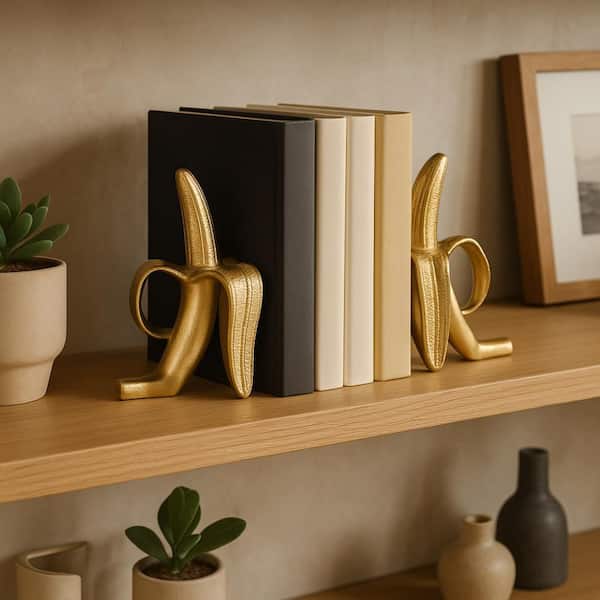 8.75 in. Gold Aluminum Suar Banana Bookends (Set of 2)