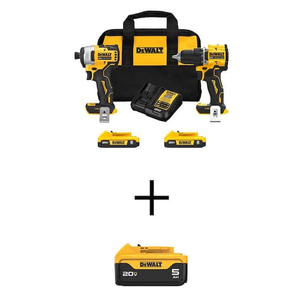 DEWALT ATOMIC 20V MAX Lithium-Ion Cordless Combo Kit (2-Tool) with Premium 5.0Ah Battery, (2) 2.0Ah Batteries, Charger and Bag