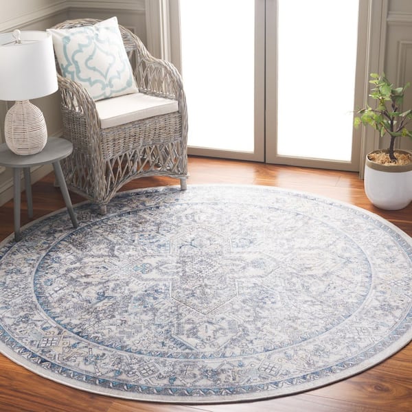 Orlando 7 ft. x 7 ft. Round Ivory/Light Blue Vintage Distressed Medallion Washable Area Rug