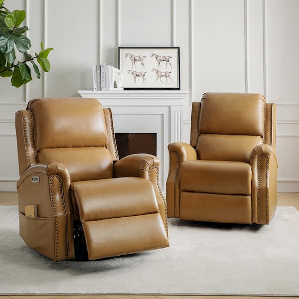 JAYDEN CREATION Joachim Camel 34.5 in. Traditional Genuine Leather Power Swivel Glider Recliner Set of 2