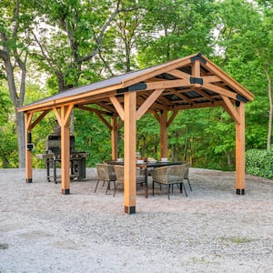 Norwood 20 ft. x 12 ft. All Cedar Wood Carport Pavilion Gazebo with Hard Top Steel Metal Peak Roof and Electric, Brown