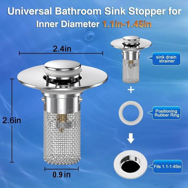 2 Pack Bathroom Sink Drain Strainer - Universal Pop-Up Stopper With Removable Stainless Steel Hair Catcher