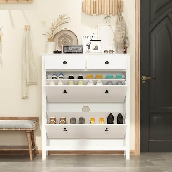 41.1 in. H x 35 in. W White Wood Shoe Storage Cabinet With 2-Drawers Fits up to 16-Shoes