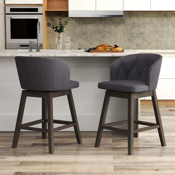 Gray Counter Height Bar Stools Fabric Upholstered Island Stools with 360° Swivel Seat (Set of 2)