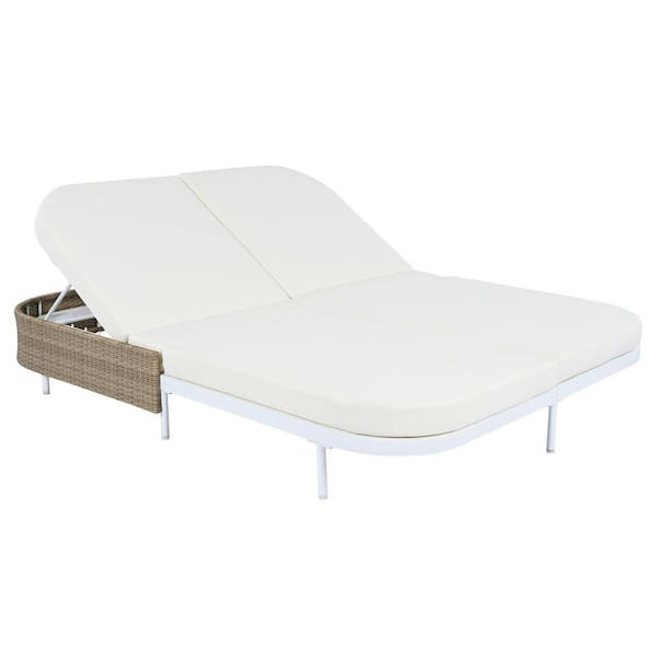 Sudzendf Metal Outdoor Patio Rattan Day Bed with 5-Position Adjustable Backrest Chaise Lounge, with White Cushions
