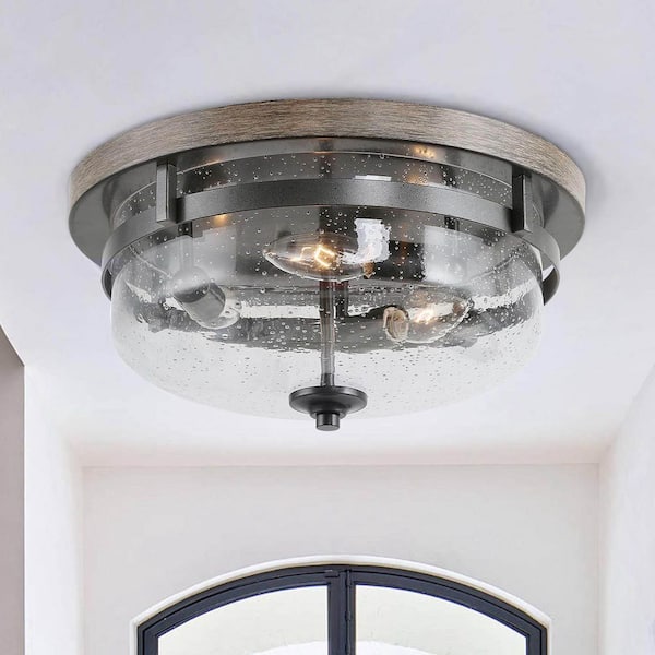 LNC 13.5 in. 3-Light Bronze Flush Mount Ceiling Light with Drum Clear Seeded Glass Shade and Round Faux Aged Wood Plate