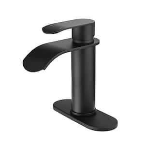 Single Handle Single Hole Waterfall Spout Bathroom Faucet with Deckplate Included in Matte Black