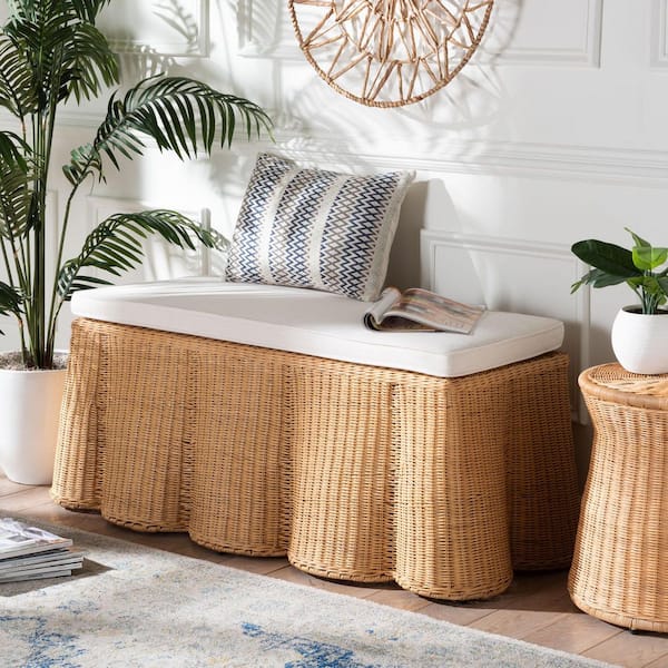 Palm Light Honey Rattan and Fabric Rectangle Ottoman